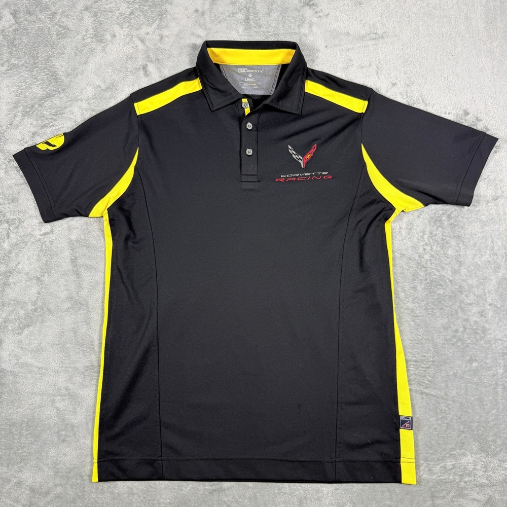 Pro Celebrity Mens Medium Polo Corvette Racing Black Yellow Gear Skull